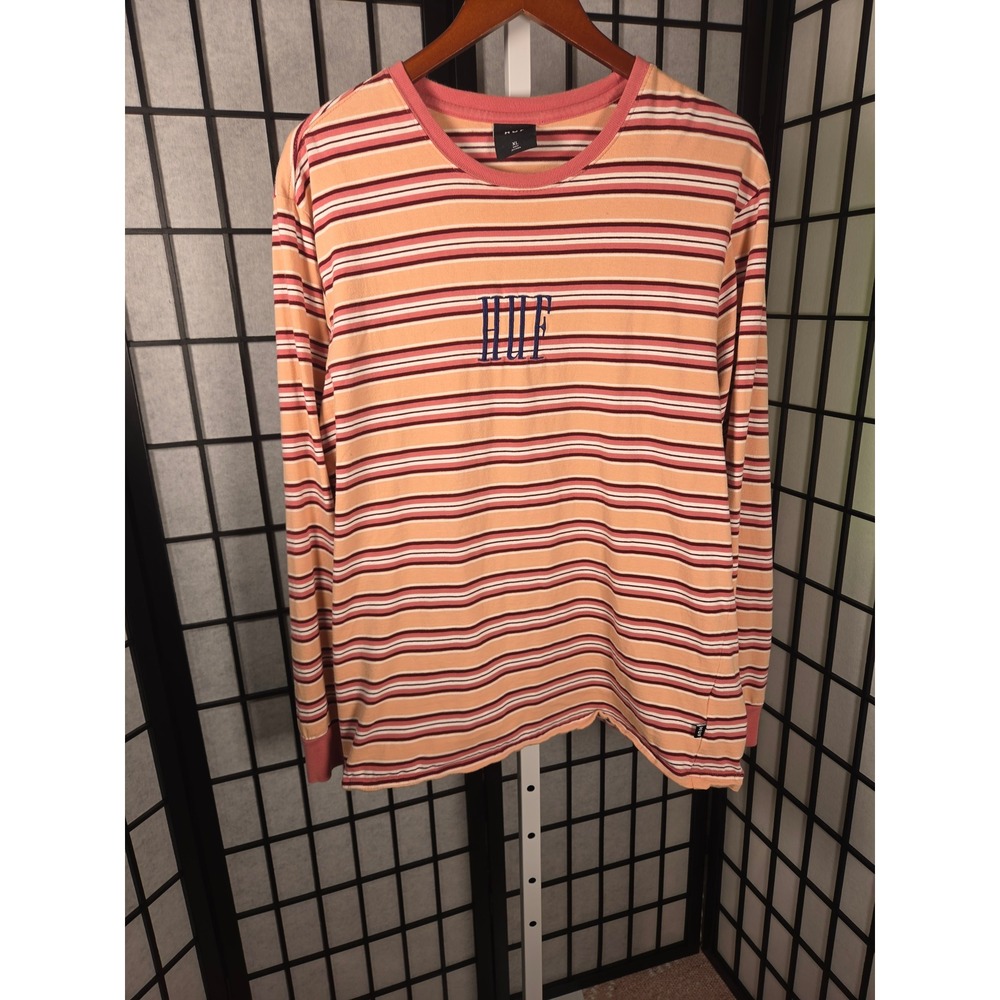HUF Mens XL Long Sleeve Striped Peach Burgundy Blue Embroidered Logo Cotton